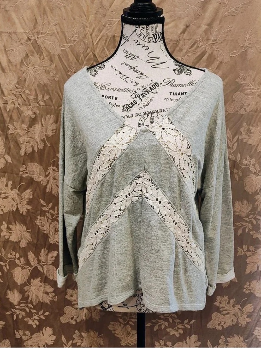 Light Sage Lace Chevron V-Neck Women's Top